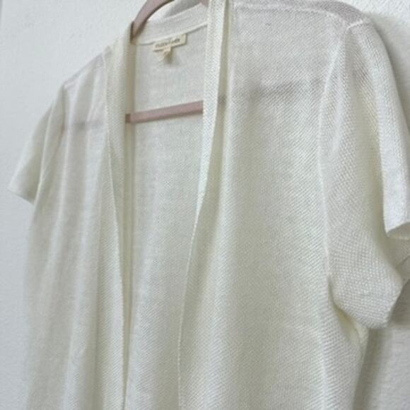 Eileen Fisher Open Front Cardigan Cream Short Sleeve Lightweight Hemp L Coastal - Picture 3 of 4
